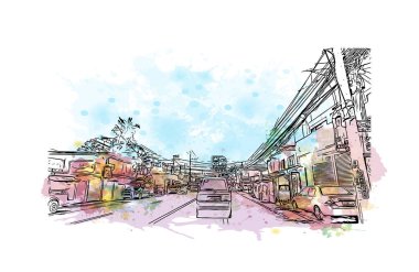 Print Building view with landmark of Cavite is the city of Philippines. Vektörde elle çizilmiş resim ile suluboya sıçraması.