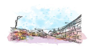 Print Building view with landmark of Cavite is the city of Philippines. Vektörde elle çizilmiş resim ile suluboya sıçraması.