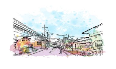 Print Building view with landmark of Cavite is the city of Philippines. Vektörde elle çizilmiş resim ile suluboya sıçraması.