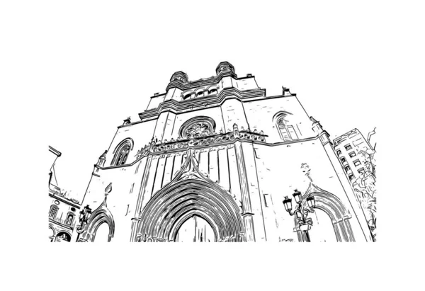 Print Vue Bâtiment Avec Monument Province Castellon Est Dans Est — Image vectorielle