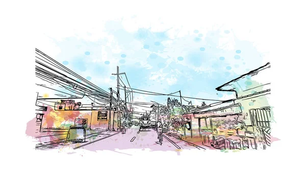 Print Building view with landmark of Cavite is the city of Philippines. Vektörde elle çizilmiş resim ile suluboya sıçraması.