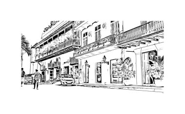 Print Building view with landmark of Cartagena is a port city on Kolombiya. Vektörde elle çizilmiş çizim çizimi.