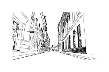 Print Building view with landmark of Cartagena is a port city on Kolombiya. Vektörde elle çizilmiş çizim çizimi.