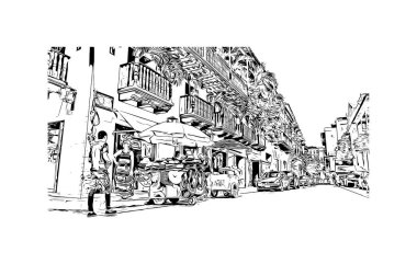 Print Building view with landmark of Cartagena is a port city on Kolombiya. Vektörde elle çizilmiş çizim çizimi.