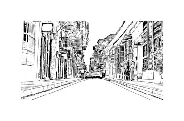 Print Building view with landmark of Cartagena is a port city on Kolombiya. Vektörde elle çizilmiş çizim çizimi.