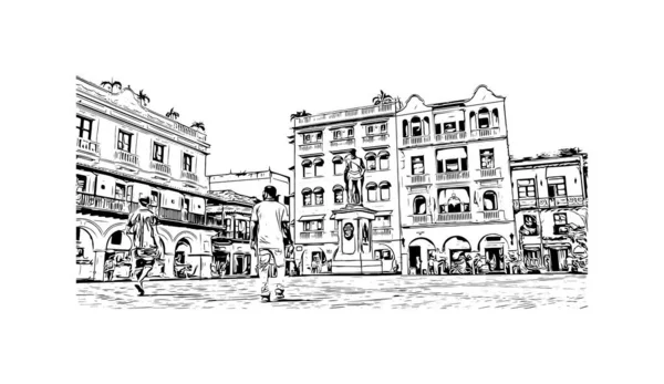 Stampa Vista Edificio Con Punto Riferimento Cartagena Una Città Portuale — Vettoriale Stock