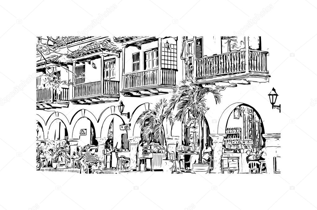 Print Building view with landmark of Cartagena is a port city on Colombia. Hand drawn sketch illustration in vector.