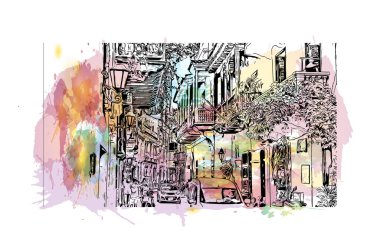 Print Building view with landmark of Cartagena is a port city on Kolombiya. Vektörde elle çizilmiş resim ile suluboya sıçraması.