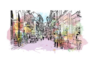 Print Building view with landmark of Cartagena is a port city on Kolombiya. Vektörde elle çizilmiş resim ile suluboya sıçraması.