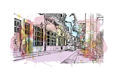 Print Building view with landmark of Cartagena is a port city on Kolombiya. Vektörde elle çizilmiş resim ile suluboya sıçraması.