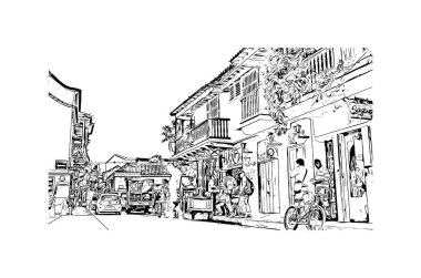 Print Building view with landmark of Cartagena is a port city on Kolombiya. Vektörde elle çizilmiş çizim çizimi.