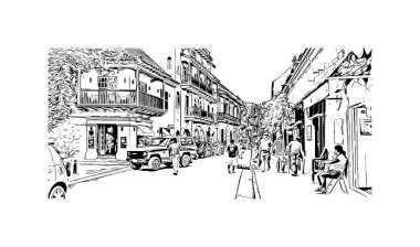 Print Building view with landmark of Cartagena is a port city on Kolombiya. Vektörde elle çizilmiş çizim çizimi.