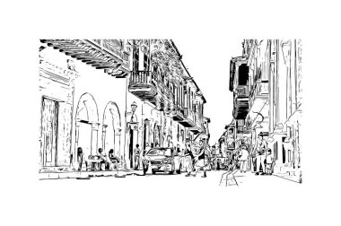 Print Building view with landmark of Cartagena is a port city on Kolombiya. Vektörde elle çizilmiş çizim çizimi.