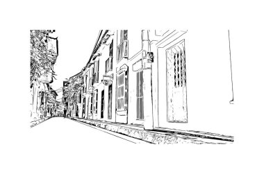 Print Building view with landmark of Cartagena is a port city on Kolombiya. Vektörde elle çizilmiş çizim çizimi.