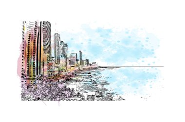 Print Building view with landmark of Cartagena is a port city on Kolombiya. Vektörde elle çizilmiş resim ile suluboya sıçraması.