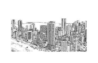 Print Building view with landmark of Cartagena is a port city on Kolombiya. Vektörde elle çizilmiş çizim çizimi.