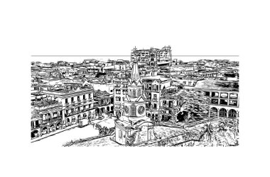 Print Building view with landmark of Cartagena is a port city on Kolombiya. Vektörde elle çizilmiş çizim çizimi.