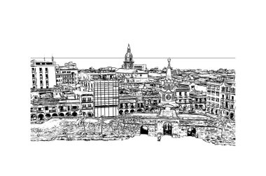 Print Building view with landmark of Cartagena is a port city on Kolombiya. Vektörde elle çizilmiş çizim çizimi.