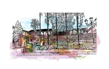 Print Building view with landmark of Cartagena is the city of Spain. Vektörde elle çizilmiş resim ile suluboya sıçraması.