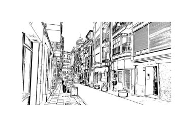 Print Building view with landmark of Cartagena is the city of Spain. Vektörde elle çizilmiş çizim çizimi.