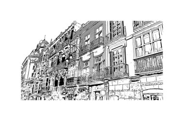 Print Building view with landmark of Cartagena is the city of Spain. Vektörde elle çizilmiş çizim çizimi.