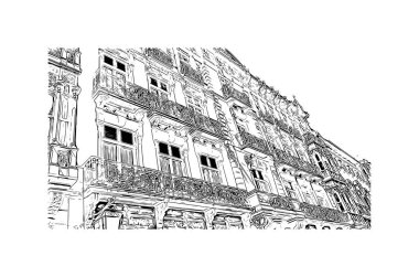 Print Building view with landmark of Cartagena is the city of Spain. Vektörde elle çizilmiş çizim çizimi.