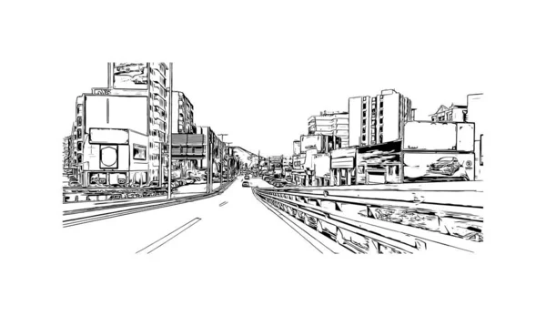 Print Building Vista Com Marco Cartagena Cidade Espanha Desenho Desenhado — Vetor de Stock