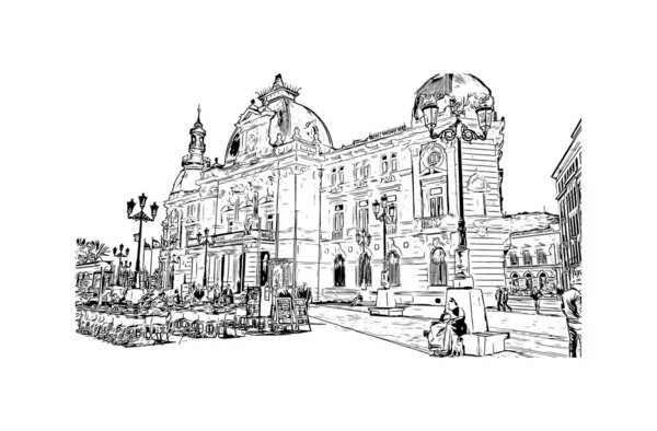 Imprimir Vista Del Edificio Con Hito Cartagena Ciudad España Dibujo — Vector de stock