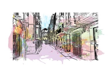 Print Building view with landmark of Cartagena is the city of Spain. Vektörde elle çizilmiş resim ile suluboya sıçraması.