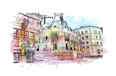 Print Building view with landmark of Cartagena is the city of Spain. Vektörde elle çizilmiş resim ile suluboya sıçraması.