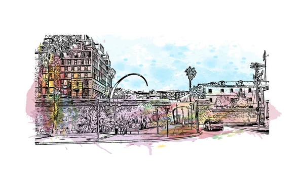 Print Building View Landmark Cartagena City Spain Watercolor Splash Hand — Stock Vector