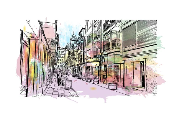 Print Building view with landmark of Cartagena is the city of Spain. Vektörde elle çizilmiş resim ile suluboya sıçraması.