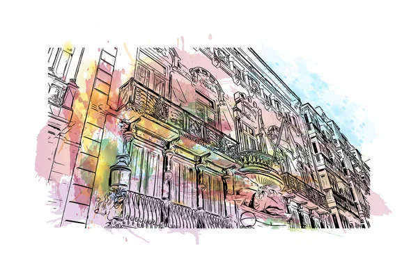 Print Building view with landmark of Cartagena is the city of Spain. Vektörde elle çizilmiş resim ile suluboya sıçraması.