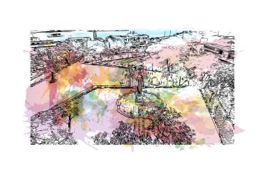 Print Building view of Cebu, Filipinler 'de bir şehirdir. Vektörde elle çizilmiş resim ile suluboya sıçraması.