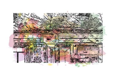 Print Building view of Cebu, Filipinler 'de bir şehirdir. Vektörde elle çizilmiş resim ile suluboya sıçraması.