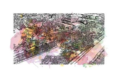 Print Building view of Cebu, Filipinler 'de bir şehirdir. Vektörde elle çizilmiş resim ile suluboya sıçraması.