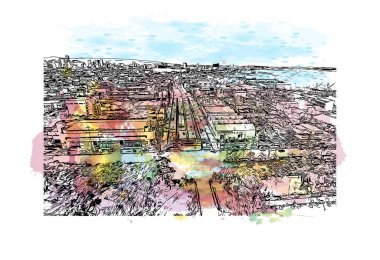 Print Building view of Cebu, Filipinler 'de bir şehirdir. Vektörde elle çizilmiş resim ile suluboya sıçraması.