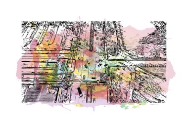 Print Building view of Cebu, Filipinler 'de bir şehirdir. Vektörde elle çizilmiş resim ile suluboya sıçraması.