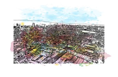 Print Building view of Cebu, Filipinler 'de bir şehirdir. Vektörde elle çizilmiş resim ile suluboya sıçraması.