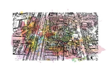 Print Building view of Cebu, Filipinler 'de bir şehirdir. Vektörde elle çizilmiş resim ile suluboya sıçraması.