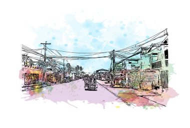 Catbalogan 'ın simgesi olan Print Building View, Filipinler' de bir şehirdir. Vektörde elle çizilmiş resim ile suluboya sıçraması.