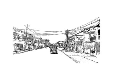Catbalogan 'ın simgesi olan Print Building View, Filipinler' de bir şehirdir. Vektörde elle çizilmiş çizim çizimi.