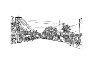 Catbalogan 'ın simgesi olan Print Building View, Filipinler' de bir şehirdir. Vektörde elle çizilmiş çizim çizimi.