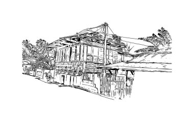 Catbalogan 'ın simgesi olan Print Building View, Filipinler' de bir şehirdir. Vektörde elle çizilmiş çizim çizimi.