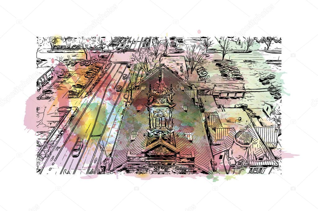Print Building view with landmark of Cedar Rapids is a city in eastern Iowa. Watercolor splash with hand drawn sketch illustration in vector.