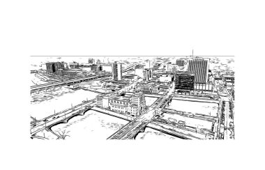 Print Building view with landmark of Cedar Rapids, Iowa 'nın doğusunda bir şehirdir. Vektörde elle çizilmiş çizim çizimi.