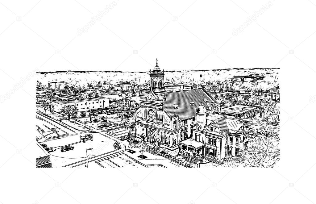 Print Building view with landmark of Cedar Rapids is a city in eastern Iowa. Hand drawn sketch illustration in vector.