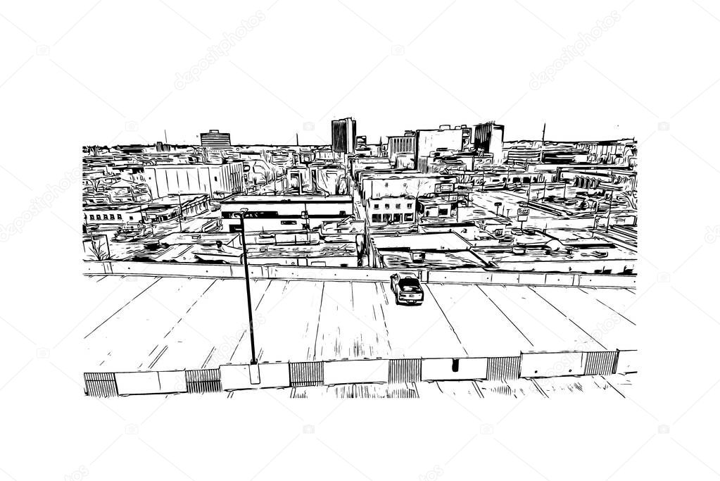 Print Building view with landmark of Cedar Rapids is a city in eastern Iowa. Hand drawn sketch illustration in vector.