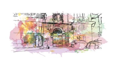 İtalya 'nın başkenti Catania' nın simgesi olan Print Building View 'dir. Vektörde elle çizilmiş resim ile suluboya sıçraması.