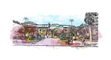 İtalya 'nın başkenti Catania' nın simgesi olan Print Building View 'dir. Vektörde elle çizilmiş resim ile suluboya sıçraması.